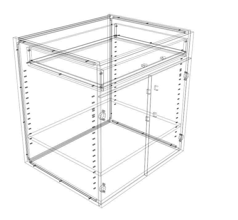 A base cabinet drawn in wireframe from the Mozaik product library, showing box, drawer and door